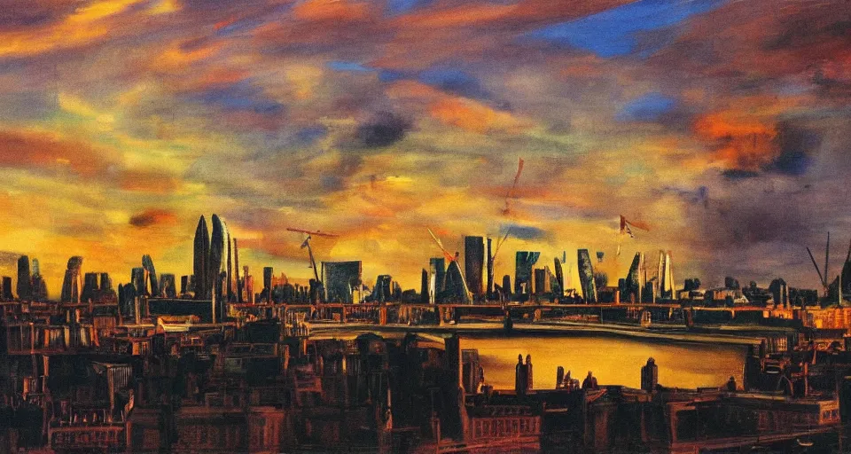 Image similar to color sketch of the london skyline, highly detailed, dramatic lighting, intense shadows, rich deep colours, by salvador dali