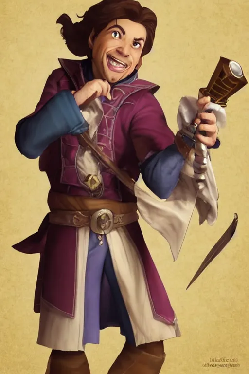 Image similar to Sam Riegel as Scanlan Shorthalt from Vox Machina, Halfling Bard, realistic cinematic shot, flipping you off using Bigby's Hand, subtle fog and mood lighting