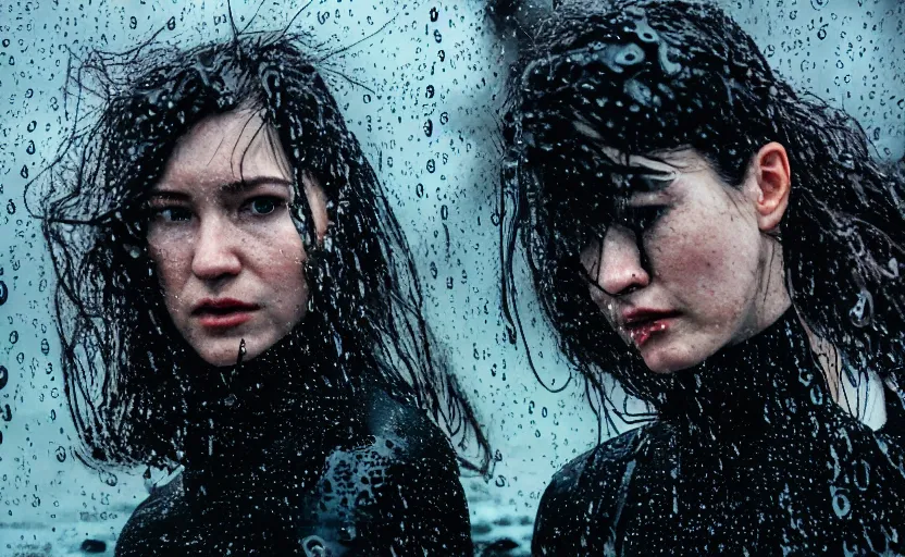 Image similar to cinestill 5 0 d candid action photographic portrait by quentin tarantino of two loving female androids wearing rugged black mesh techwear in treacherous waters, extreme closeup, modern cyberpunk retrofuturism moody emotional cinematic, pouring iridescent rain, 8 k, hd, high resolution, 3 5 mm, f / 3 2, motion blur, ultra realistic faces, ex machina