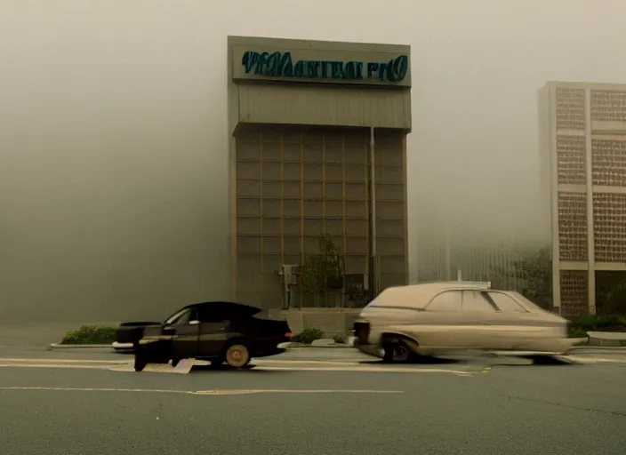 Prompt: cinematic screenshot high angle wide shot of octavia spencer outside a foggy abandoned department store empty parking lot, one car, paranoia everywhere, screenshot from the tense thriller film ( 2 0 0 1 ) directed by spike jonze, volumetric hazy lighting, moody cinematography, 3 5 mm kodak color stock, 2 4 mm lens