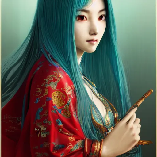 Image similar to a beautiful portrait of hatsune miku with teal colored hair with deep red highlight streaks in her hair dressed as a ancient chinese sorceress, intricate, elegant, highly detailed, digital painting, artstation, concept art, matte, sharp focus, illustration, art by greg rutkowski and alphonse mucha