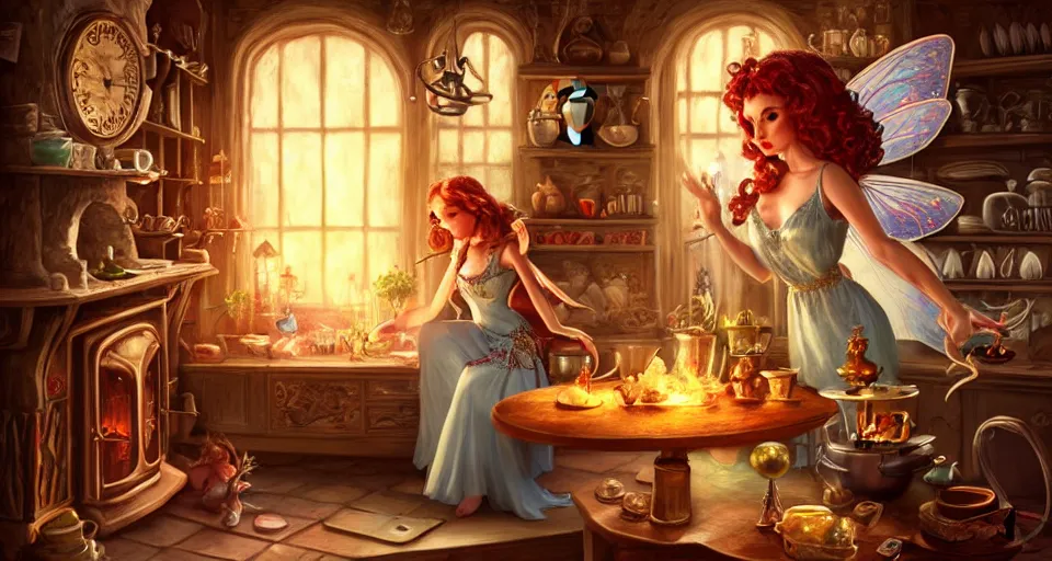 Image similar to a close - up of a fairy in a vintage magical kitchen, with a fireplace in the background d & d, fantasy, intricate, elegant, highly detailed, digital painting, artstation, concept art, smooth, sharp focus, illustration