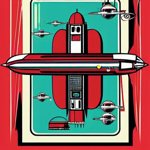 Prompt: bauhaus print poster of the futurama spaceship, planet express, old bessie