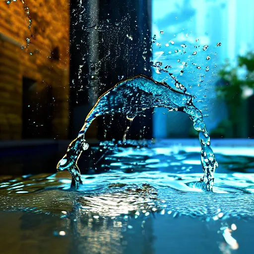 Image similar to Splashing Water, Hyperrealistic Simulation, Refractions and Subsurface Scattering, Octane Renderer, Redshift, Ultra Settings, Photorealistic Rendering, Raytraced Lights and Shadows, Depth of Field, Hyperdetailed, Wallpaper