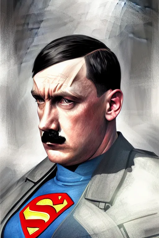 Image similar to adolf hitler as superman, realistic portrait, symmetrical, highly detailed, digital painting, artstation, concept art, smooth, sharp focus, illustration, cinematic lighting, art by artgerm and greg rutkowski and alphonse mucha