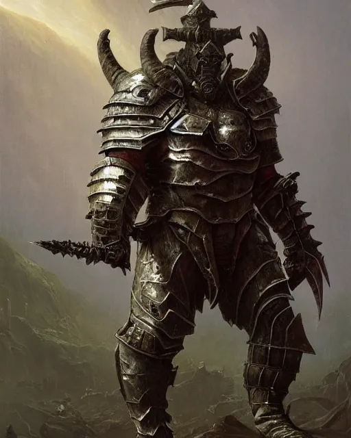 Image similar to a heavily armoured orc warrior by Thomas Cole and Wayne Barlowe