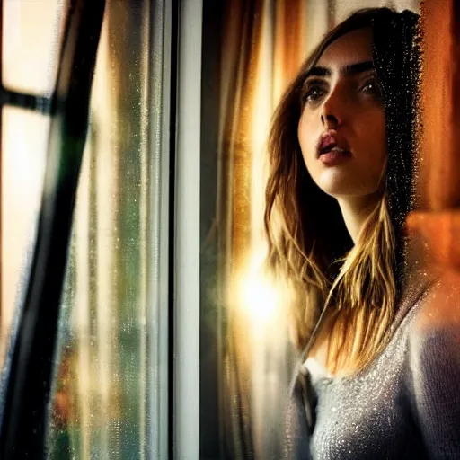 Prompt: ana de armas looking out a window on a rainy night, nighttime!, raining!!, colorful city light reflections!