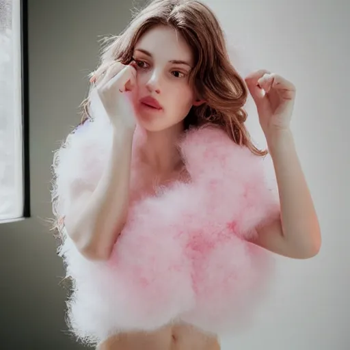Prompt: portrait of a cute girl body with light and soft pink and white fluffy balls floating in image, fashion photography, highly detailed, digital photography, shot on iphone 1 3 pro
