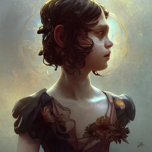 Image similar to a weird supernatural and creepy and adorable kid, fantasy, intricate, elegant, highly detailed, digital painting, artstation, concept art, smooth, sharp focus, illustration, art by artgerm and greg rutkowski and alphonse mucha