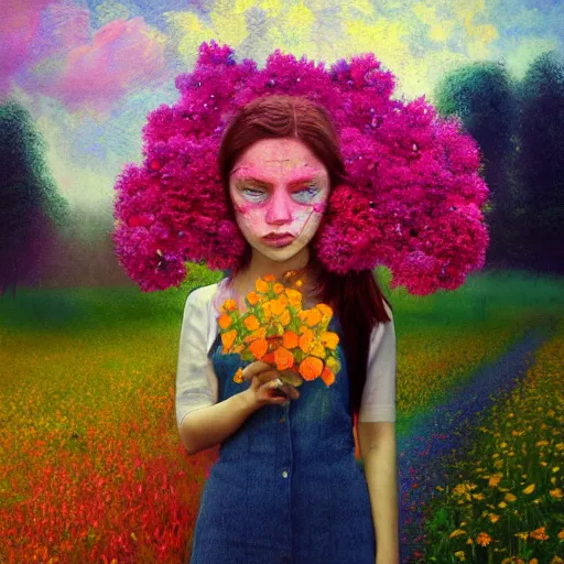 Image similar to girl with a gargantuan flower as a face, surreal photography, dream, standing in flower field, hills, big trees, sunrise dramatic light, impressionist painting, colorful clouds, digital painting, pointillism, artstation, simon stalenhag, flower face