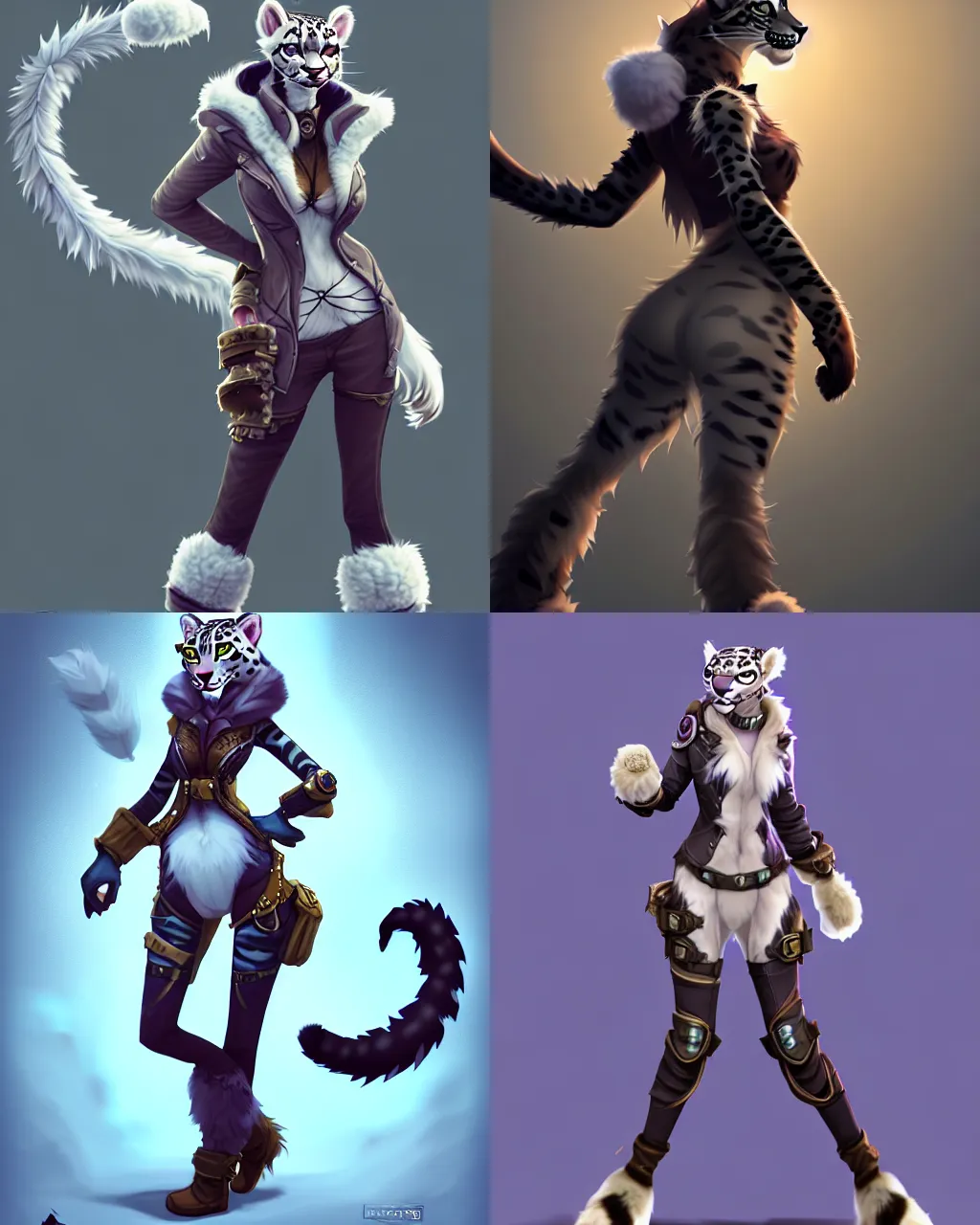 Prompt: a fierce snowleopard fursona stands ready for combat, view from behind of a furry wearing a steampunk suit. unimaginably beautiful, gorgeous, elegant, young woman with feline features and digitigrade legs with fluffy paws, an absurdly detailed illustration, trending on furaffinity, vraytracing, bokeh battlefield. league of legends character splash art