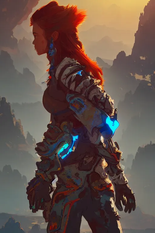 Image similar to combination suit armor aloy horizon forbidden west horizon zero dawn radiating a glowing aura global illumination ray tracing hdr fanart arstation by ian pesty and alena aenami artworks in 4 k tribal robot ninja mask helmet backpack