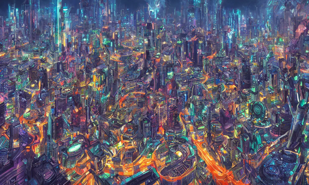 Prompt: futuristic city, illustration painting, oil on canvas, intricate, hd, digital art, overdetailed art, complementing colors, detailed, illustration painting by alex gray, digital art, syd meade