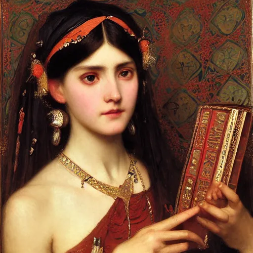 Image similar to orientalist portrait of a sad princess holding an iridescent ancient book intricate portrait by john william waterhouse and Edwin Longsden Long and Theodore Ralli and Henryk Siemiradzki, very coherent symmetrical artwork. Cinematic, hyper realism, high detail 8k