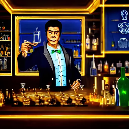 Image similar to portrait of a male bartender, chinese, cyborg, muscular, slick black hair, robotic arms, navy mao suit, light blue ascot, monocle, in a bar lit by gold and silver neon lights, john singer sargeant