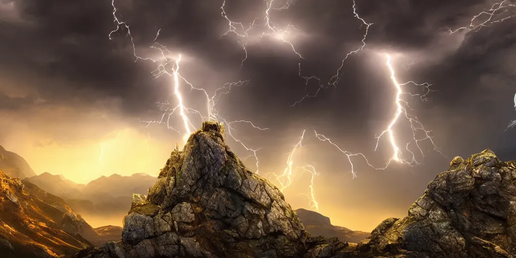 Image similar to god of thunder shooting lightning from his fingertips standing upon a rocky high mountain, surrounded by thunderclouds and lightning, dark, bright lighning, very detailed, 4 k