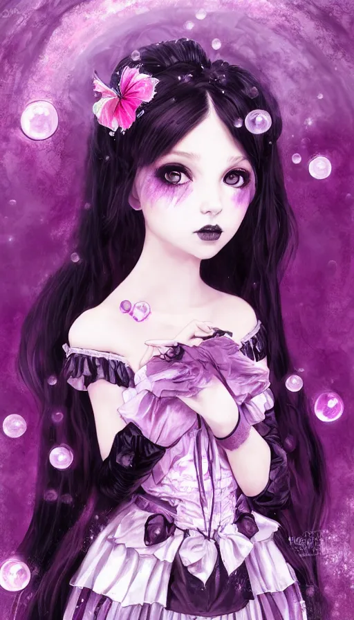 Image similar to gothic lolita girl portrait, dreamy and ethereal, expressive pose, big eyes, tender expression, exciting, fantasy, intricate, elegant, many rainbow bubbles, pink tones, purple, black very detailed, digital painting, artstation, concept art, cyberpunk wearing, soft, sharp focus, illustration, art by artgerm and greg rutkowskiand alphonse much