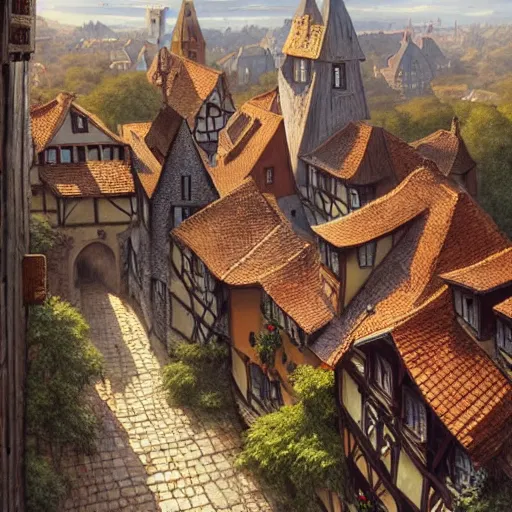 Prompt: Birdview shot. A medieval german town imagined by a fantasy author. friendly and warm mood, welcoming. extremely detailed painting. by Greg Rutkowski and by Henry Justice Ford and by Steve Henderson.