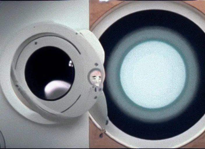 Image similar to film still of HAL from 2001 A Space Odyssey as a washing machine