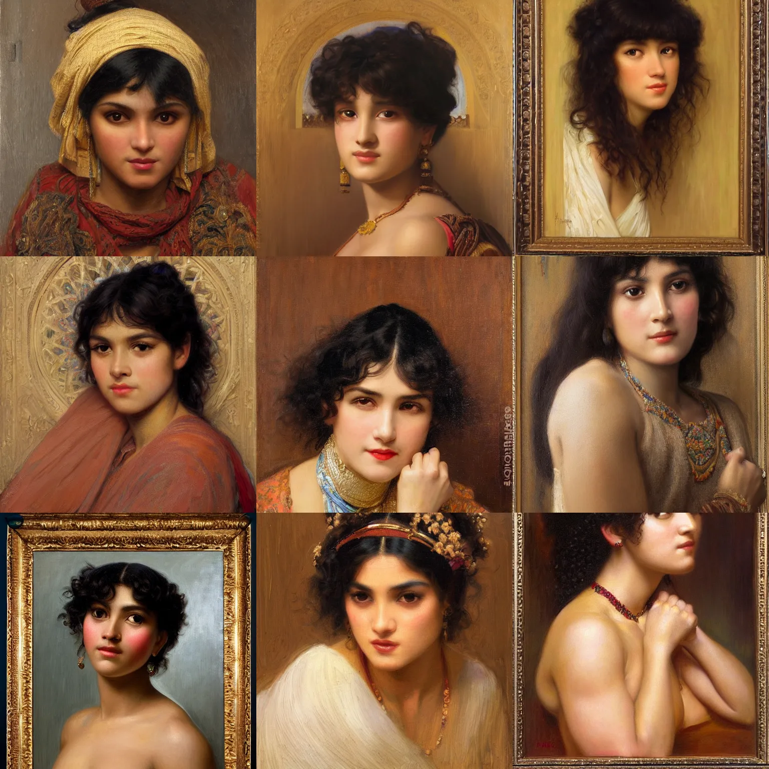 Image similar to orientalism face portrait of a cute woman with bangs and curls and brown skin by Edwin Longsden Long and Theodore Ralli and Nasreddine Dinet and Adam Styka, masterful intricate artwork. Oil on canvas, excellent lighting, high detail 8k