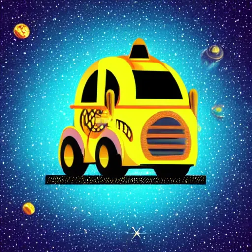 Image similar to Robot Taxi Driving through space, intergalactic background, vaporwave style