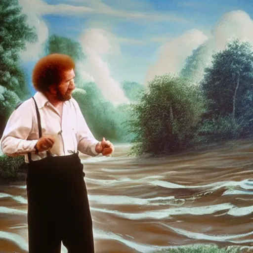 Prompt: Bob ross painting a picture of a german town being flooded