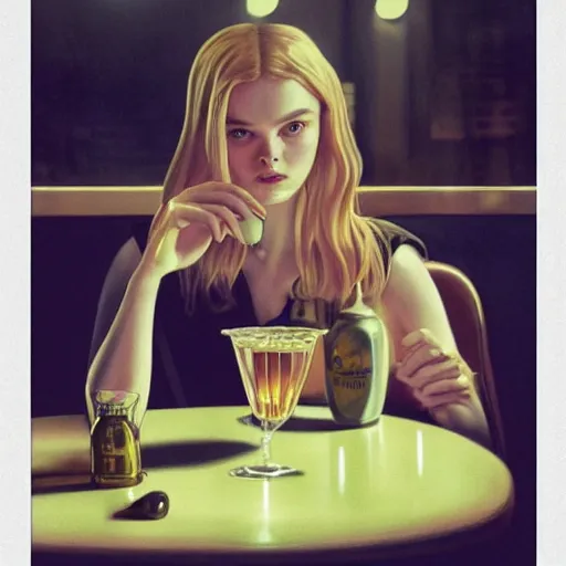 Image similar to silhouette of Elle Fanning drinking whiskey alone in a diner, stormy weather, extremely detailed masterpiece, oil on canvas, low-key neon lighting, artstation, Blade Runner 2049, Roger Deakin’s cinematography, by J. C. Leyendecker and Peter Paul Rubens,