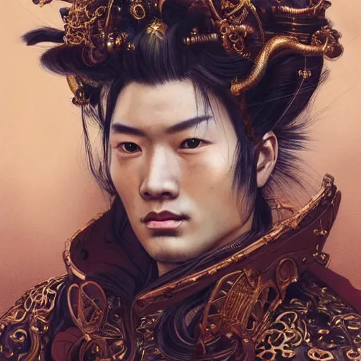 Image similar to portrait, headshot, insanely nice professional hair style, dramatic hair color, digital painting, of a old 17th century, old cyborg merchant, Chinese Three Kingdoms, amber jewels, baroque, ornate clothing, scifi, realistic, hyperdetailed, chiaroscuro, concept art, art by Franz Hals and Jon Foster and Ayami Kojima and Amano and Karol Bak,