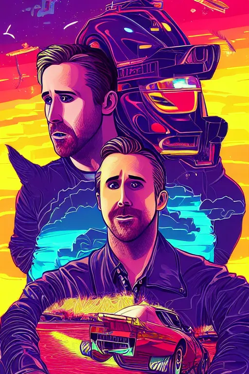 Image similar to a portrait of Ryan Gosling holding a cute caracal with thunders in the sky in a future cybernetic city, outrun style and colours, trending on arstation, by dan mumford, by ross tran