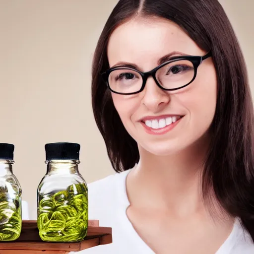 Prompt: young woman selling snake oil, putting snakes into jars, multiple jars of poisonous snake oil