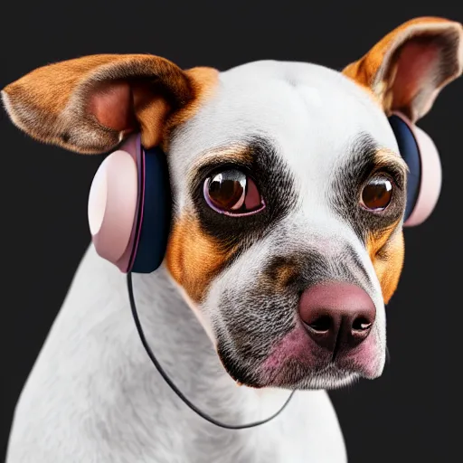 Prompt: portrait of a cute dog wearing headphones by elke vogelsang!!!, 8 k ultra realistic, trending on artstation, 4 k, hyperrealistic, focused, extreme details, unreal engine 5, cinematic, masterpiece