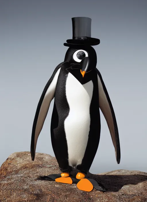 Image similar to closeup portrait of an anthropomorphic penguin wearing goggles and a top hat, depth of field, zeiss lens, detailed, symmetrical, centered, fashion photoshoot, by Annie Leibovitz and Steve McCurry, David Lazar, Jimmy Nelsson, Breathtaking, 8k resolution, extremely detailed, beautiful, establishing shot, artistic, hyperrealistic, beautiful face, octane render