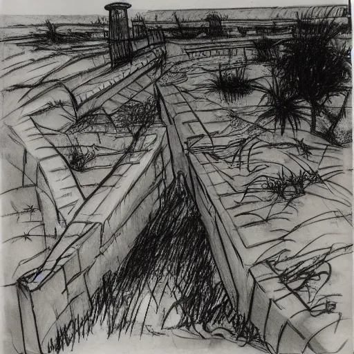 Image similar to milt kahl sketch of world war 1 trenches with the city of miami in the background