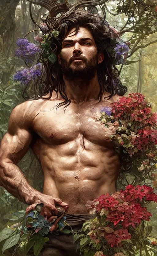 Image similar to god of the forest, 3 0 years old, rugged, male, gorgeous, detailed face, amazing, thighs!!!!!!, flowers, muscular, intricate, highly detailed, digital painting, artstation, concept art, sharp focus, illustration, art by greg rutkowski and alphonse mucha