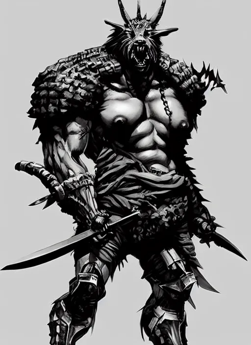 Prompt: Full body portrait of giant old gnoll warrior with a giant black blade. In style of Yoji Shinkawa and Hyung-tae Kim, trending on ArtStation, dark fantasy, great composition, concept art, highly detailed, dynamic pose.