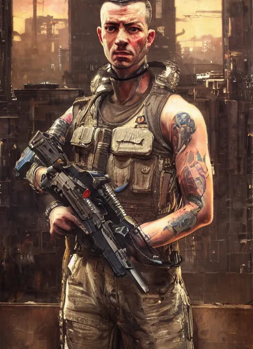 Image similar to dwight eisenhower. cyberpunk mercenary with tattoos wearing a military vest and combat jumpsuit. (Cyberpunk 2077, bladerunner 2049). Iranian orientalist portrait by john william waterhouse and Edwin Longsden Long and Theodore Ralli and Nasreddine Dinet, oil on canvas. Cinematic, hyper realism, realistic proportions, dramatic lighting, high detail 4k