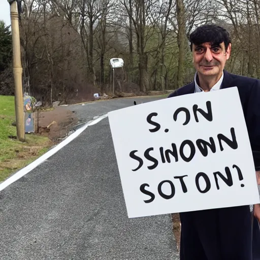 Prompt: photo of Mr. Bean holding a sign saying soon