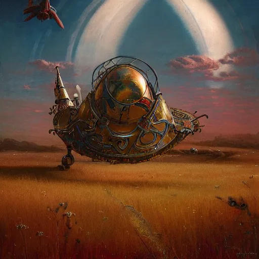 Image similar to painting of artlilery spaceship with ornate metal work lands in country landscape, filigree ornaments, volumetric lights, norm rockwell, beksinski