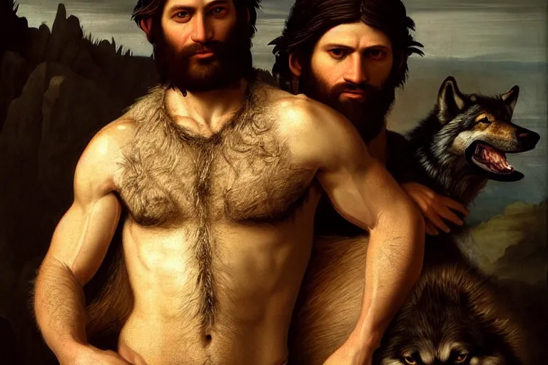 Image similar to renaissance painting full body portrait of a gruff ranger with his pet wolf, lean and toned, handsome face, hairy chest and hairy body, D&D, intricate, elegant, highly detailed, digital painting, artstation, concept art, matte, sharp focus, chiaroscuro, well list, illustration, art by da Vinci, Artgerm and Greg Rutkowski and Alphonse Mucha