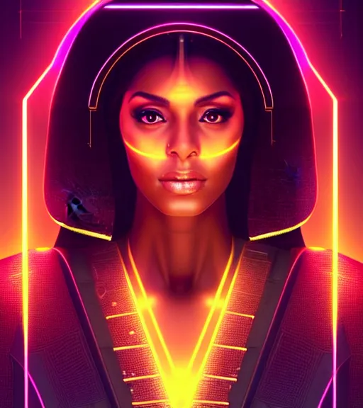 Image similar to symmetry!! egyptian princess of technology, solid cube of light, hard edges, product render retro - futuristic poster scifi, lasers and neon circuits, brown skin gorgeous egyptian princess, intricate, elegant, highly detailed, digital painting, artstation, concept art, smooth, sharp focus, illustration, dreamlike, art by artgerm