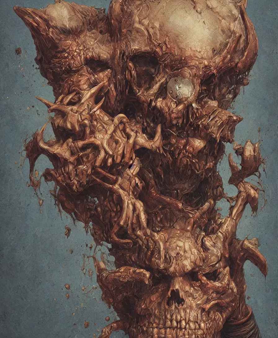 Image similar to bust portrait close up devil holding skull on hand, illustrated by Simon Stålenhag and Gaston Bussiere, intricate, ultra detailed, photorealistic, trending on artstation