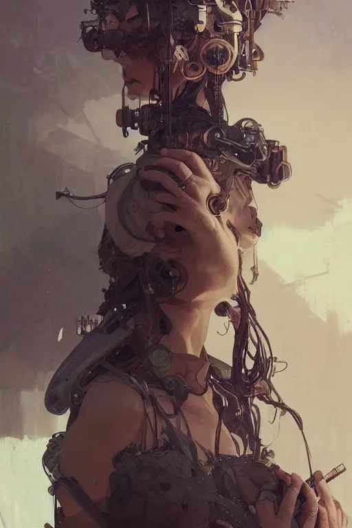 Image similar to A full portrait of a beautiful post apocalyptic offworld machinist, intricate, elegant, highly detailed, digital painting, artstation, concept art, smooth, sharp focus, illustration, art by Krenz Cushart and Artem Demura and alphonse mucha