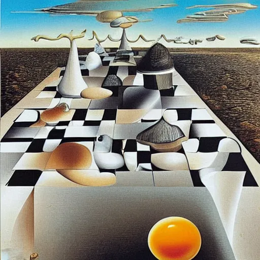 Prompt: a melting fried egg on a chessboard in a surreal landscape, surrealism, by Salvador Dali, intricate, complex, highly detailed, masterpiece