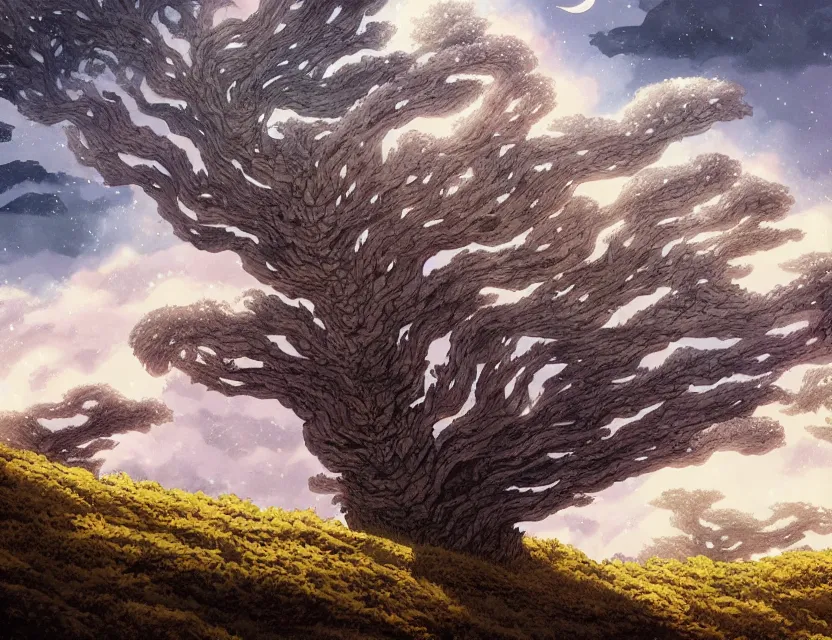 Prompt: windswept scifi cliffs with lone gnarly trees. gouache by award - winning mangaka, chiaroscuro, intricate details, bokeh, backlighting, field of depth