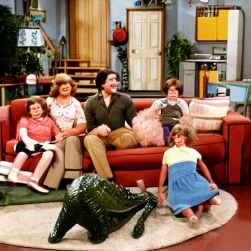 Image similar to vintage 1 9 8 0's sitcom, a happy photogenic family and a large giant evil wet slimy detailed monstrous demon creature inside a 1 9 8 0's sitcom living room