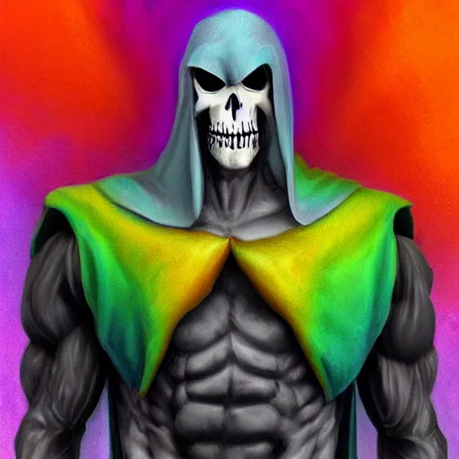 Prompt: Rainbow Grim Reaper, muscled, Pride, artstation