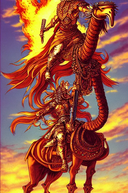 Image similar to illustration of warrior with a flaming sword riding a camel, praise the sun, in the style of moebius, ayami kojima, 1 9 9 0's anime, retro fantasy