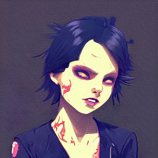 Image similar to Highly detailed portrait of a punk zombie young lady by Atey Ghailan, by Loish, by Bryan Lee O'Malley, by Cliff Chiang, ((dark blue moody background))