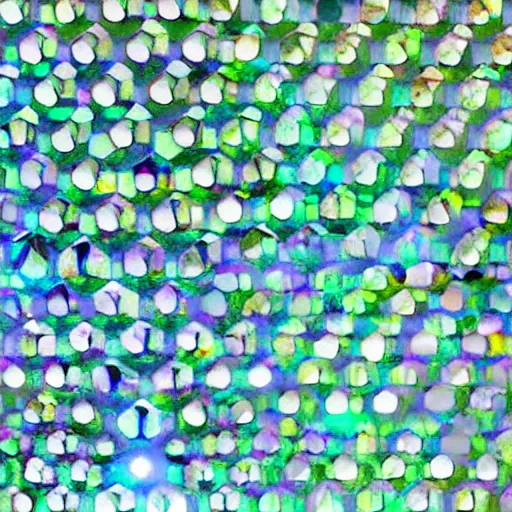 Prompt: pattern of joined hexagonal clear quartz crystals, with a high refractive index, through which is clearly visible the beatific richly multicoloured lights of paradise, exquisitely clear and hyper realistically sharp,