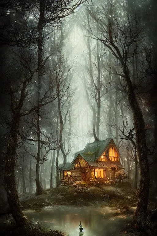 Image similar to a ramshackle cabin in the woods, magical forest, fairytale style, Fairycore, cottagecore, fantasy, by Bastien Lecouffe Deharme